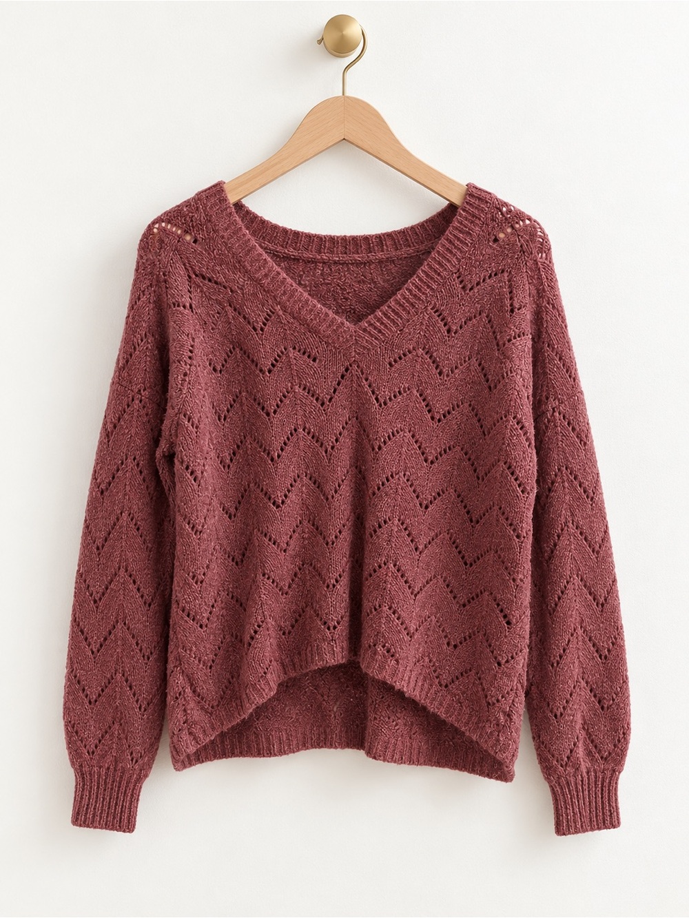 Cozy Casual Dusty Rose Pointelle Open Knit Sweater S/M Wool Blend V Neck